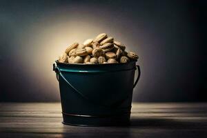 amendoim dentro uma balde em uma de madeira mesa. gerado por IA foto
