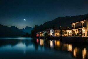 foto papel de parede a lua, lago, casas, a lua, a luar, a luar. gerado por IA