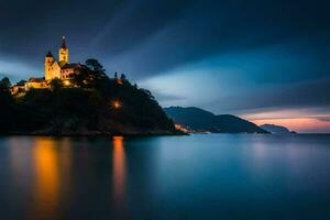 uma castelo em uma Colina negligenciar a oceano às noite. gerado por IA foto