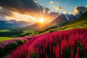 a Sol sobe sobre a montanhas e flores dentro a primeiro plano. gerado por IA foto