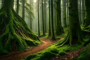 uma caminho através uma floresta com musgoso árvores gerado por IA foto