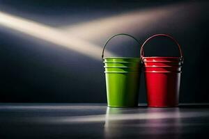 dois vermelho e verde baldes em uma Sombrio superfície. gerado por IA foto