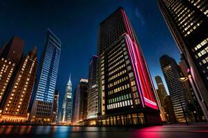 uma cidade às noite com alta edifícios e néon luzes. gerado por IA foto