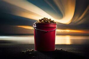 uma vermelho balde preenchidas com nozes em a de praia. gerado por IA foto