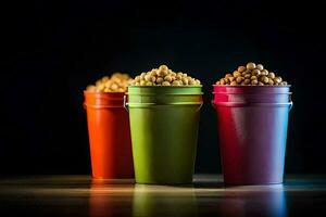 três colorida baldes com amendoim dentro eles. gerado por IA foto