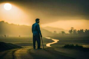 uma homem com uma bengala carrinhos em uma estrada às pôr do sol. gerado por IA foto