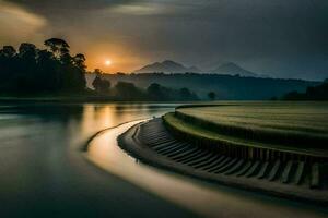 uma rio às pôr do sol com montanhas dentro a fundo. gerado por IA foto