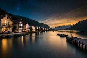 uma lago e casas às pôr do sol. gerado por IA foto