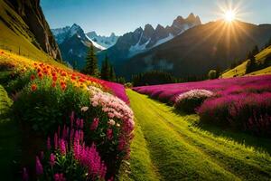 lindo flores dentro a montanhas às pôr do sol. gerado por IA foto