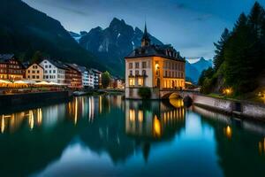 a Cidade do Altenburg dentro a Alpes às noite. gerado por IA foto