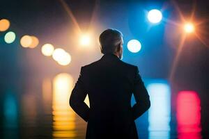 uma homem dentro uma terno carrinhos dentro frente do uma rio às noite. gerado por IA foto