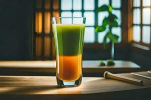 uma vidro do verde e laranja suco sentado em uma mesa. gerado por IA foto