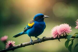 uma azul pássaro senta em uma ramo com Rosa flores gerado por IA foto