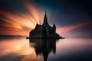 uma Igreja é sentado em a água às pôr do sol. gerado por IA foto