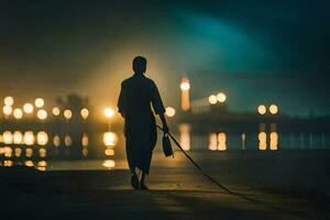 uma homem caminhando ao longo a de praia às noite com uma cachorro. gerado por IA foto