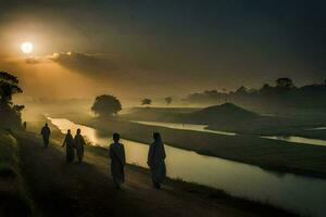 pessoas caminhando ao longo uma rio às nascer do sol. gerado por IA foto