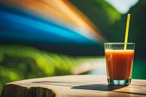 uma vidro do laranja suco em uma mesa com uma arco Iris dentro a fundo. gerado por IA foto