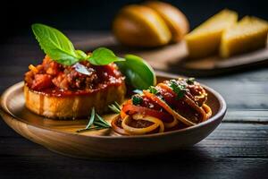 Comida em uma prato com tomates e queijo. gerado por IA foto