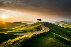 a estrada para a pôr do sol. gerado por IA foto