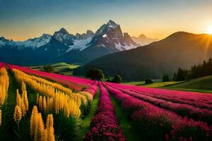 a Sol sobe sobre uma campo do flores e montanhas. gerado por IA foto