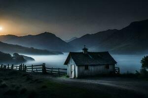 uma pequeno cabine dentro a montanhas às pôr do sol. gerado por IA foto