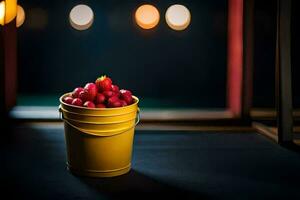 uma amarelo balde preenchidas com cerejas em uma mesa. gerado por IA foto