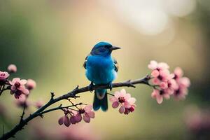 uma azul pássaro é empoleirado em uma ramo com Rosa flores gerado por IA foto