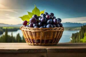 uvas dentro uma cesta em uma de madeira mesa. gerado por IA foto