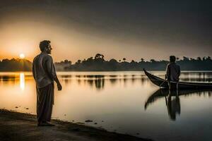 dois homens ficar de pé em a costa do uma lago às pôr do sol. gerado por IA foto