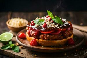 uma Hamburger com bagas e hortelã em uma placa. gerado por IA foto