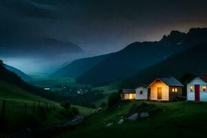 uma pequeno cabine dentro a montanhas às noite. gerado por IA foto