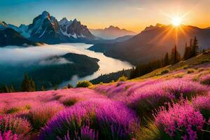 a Sol sobe sobre a montanhas e lavanda Campos. gerado por IA foto