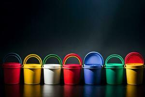 uma linha do colorida plástico baldes em uma Sombrio fundo. gerado por IA foto