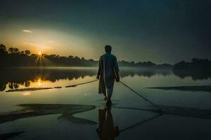 uma homem caminhando através uma lago às nascer do sol. gerado por IA foto