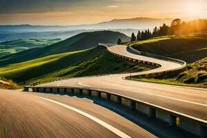 uma enrolamento estrada dentro a montanhas com a Sol contexto. gerado por IA foto