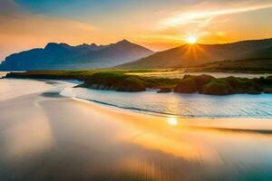 a Sol conjuntos sobre uma de praia e montanhas. gerado por IA foto