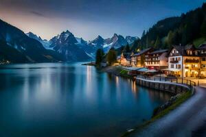 uma lago e montanha Cidade às crepúsculo. gerado por IA foto