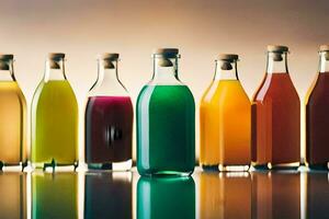 uma linha do garrafas do diferente colori sucos. gerado por IA foto