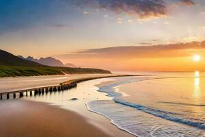 uma lindo de praia com uma cais às pôr do sol. gerado por IA foto
