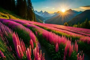 a Sol brilha sobre uma campo do Rosa flores gerado por IA foto