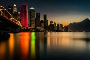 a cidade Horizonte às noite com uma ponte e água. gerado por IA foto