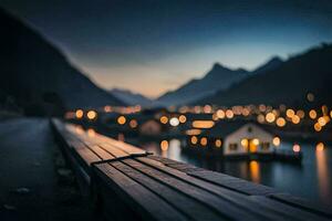 uma de madeira Banco negligenciar uma lago às noite. gerado por IA foto