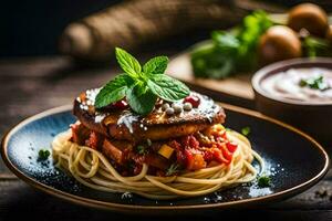 uma prato do espaguete com carne e molho. gerado por IA foto