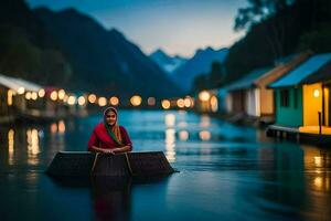 uma mulher sentado em uma barco dentro a meio do uma rio. gerado por IA foto