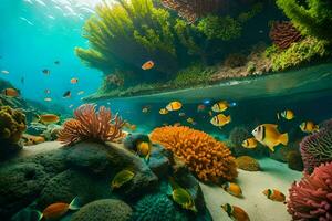 a embaixo da agua cena com coral e peixe. gerado por IA foto