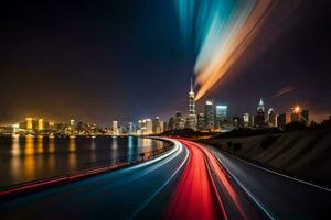 grandes exposição fotografia do uma cidade Horizonte às noite. gerado por IA foto