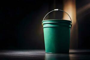 uma verde balde sentado em uma Sombrio chão. gerado por IA foto