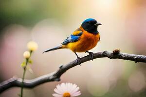 uma colorida pássaro senta em uma ramo com flores gerado por IA foto