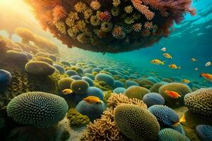 uma colorida embaixo da agua cena com corais e peixe. gerado por IA foto