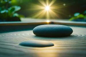 uma zen jardim com uma pedra em a chão. gerado por IA foto